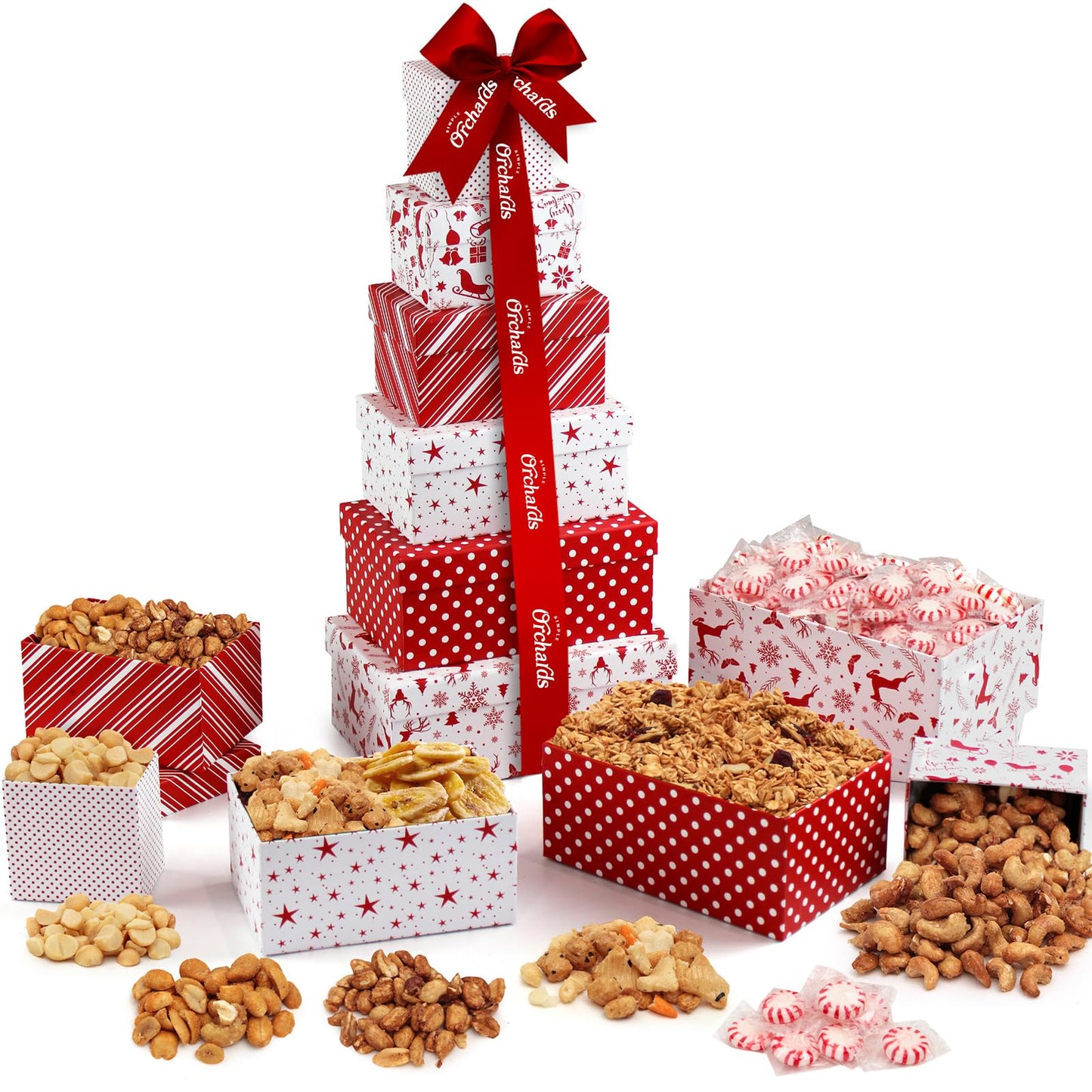 Gift Basket Tower with Fresh Nuts & Snacks, Gourmet Cravings Indulgence - 6 Tier Food Basket Gift Set, Great Gift Present for Me