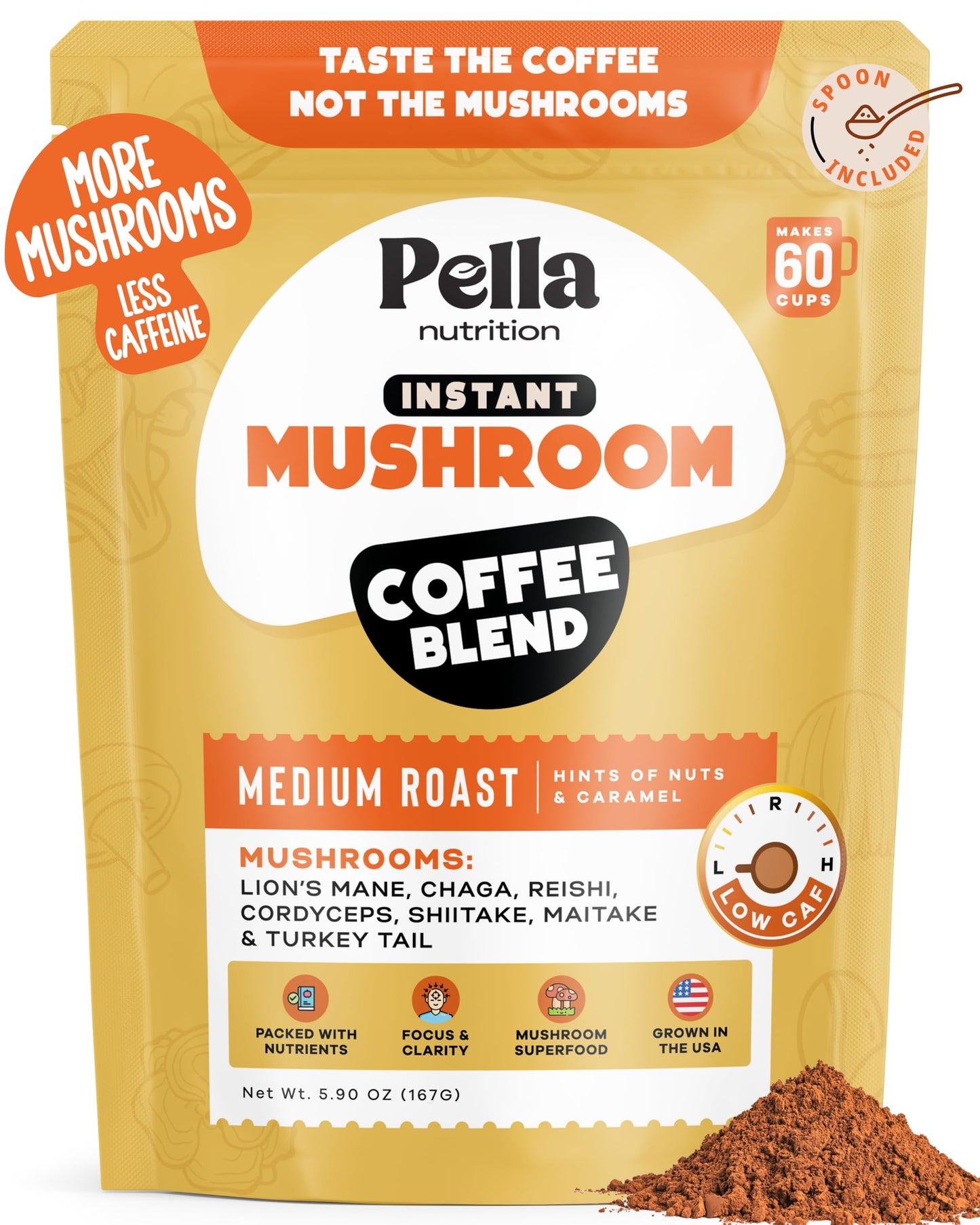 Organic Low-Energy Blend Mushroom Coffee (60 Servings) With 7 Superfood Mushrooms  Great Tasting Instant Coffee  Includes LionS Mane  Reishi  Chaga  Cordyceps  Shiitake  Maitake  And Turkey Tail