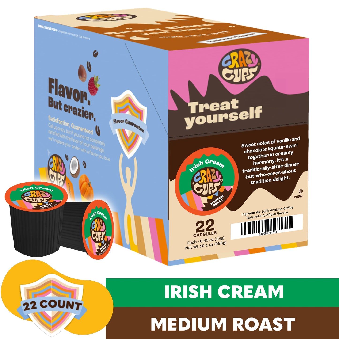 Crazy Cups Irish Cream Coffee Pods, Flavored Coffee Pods In Single Serve Cups Compatible With Keurig K Cups Machine, 22 Count