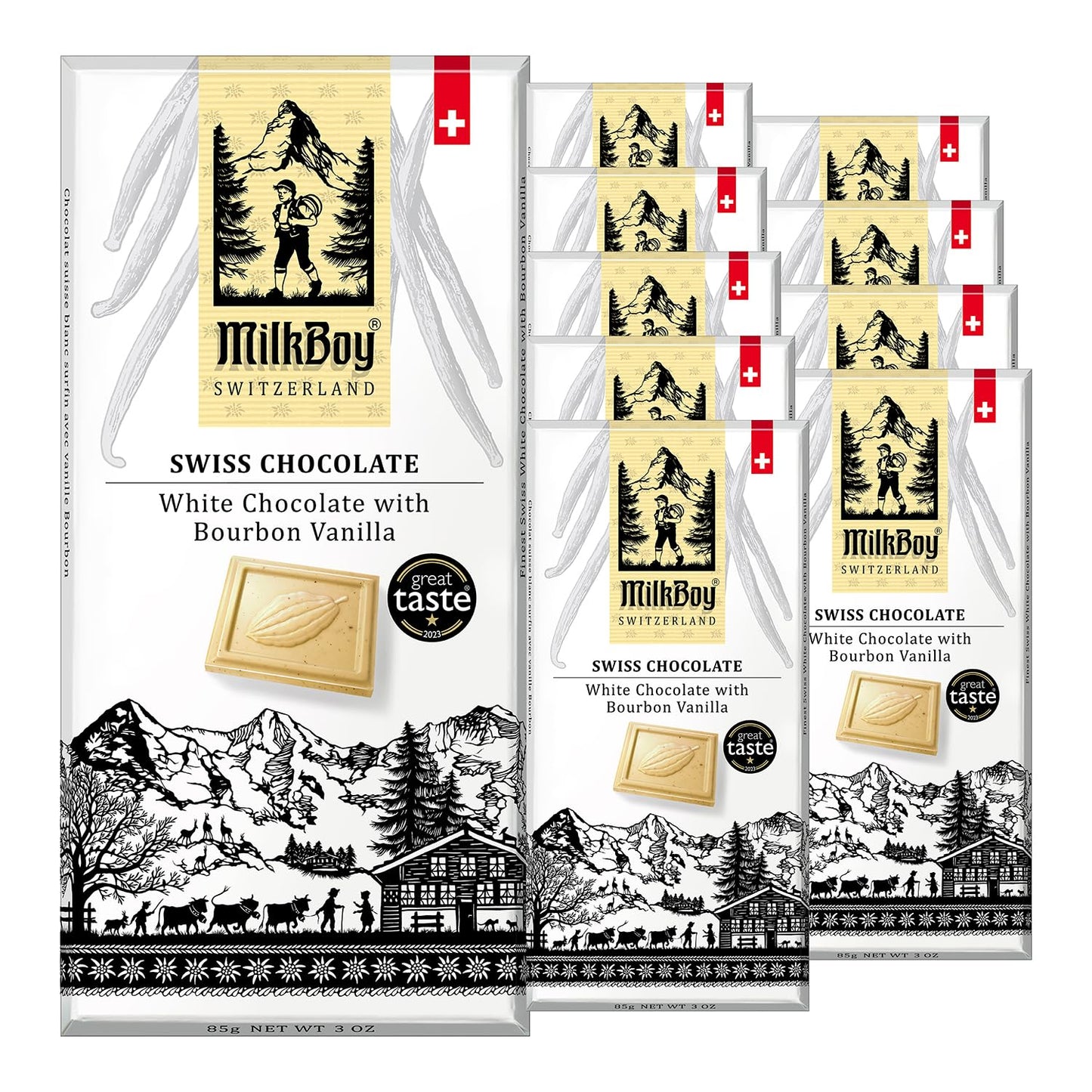 Milkboy Swiss Chocolates White Chocolate Bars - Gourmet Bourbon Vanilla - Gluten Free, Non-GMO - 3 oz, Pack of 10