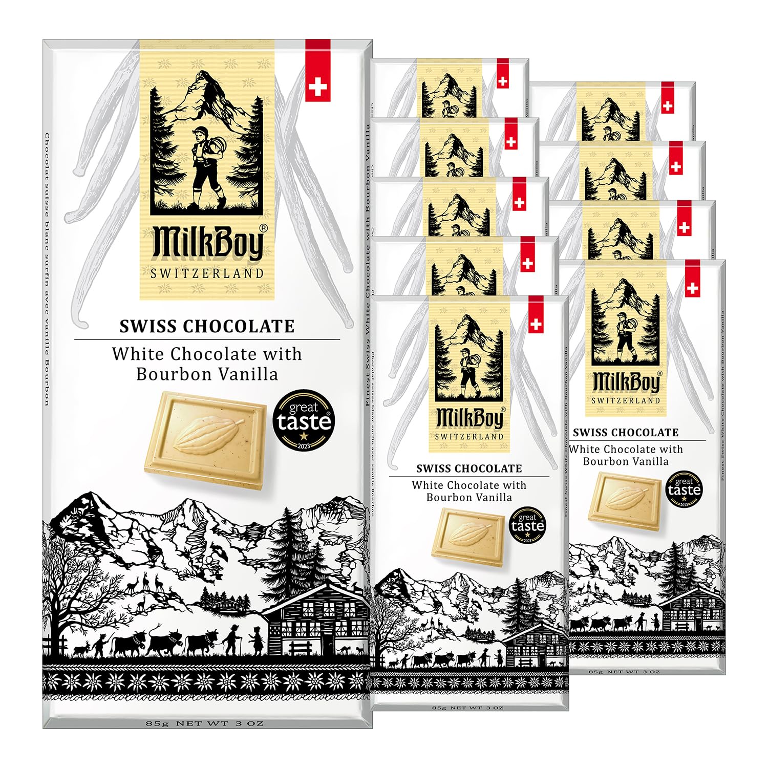 Milkboy Swiss Chocolates White Chocolate Bars - Gourmet Bourbon Vanilla - Gluten Free, Non-GMO - 3 oz, Pack of 10