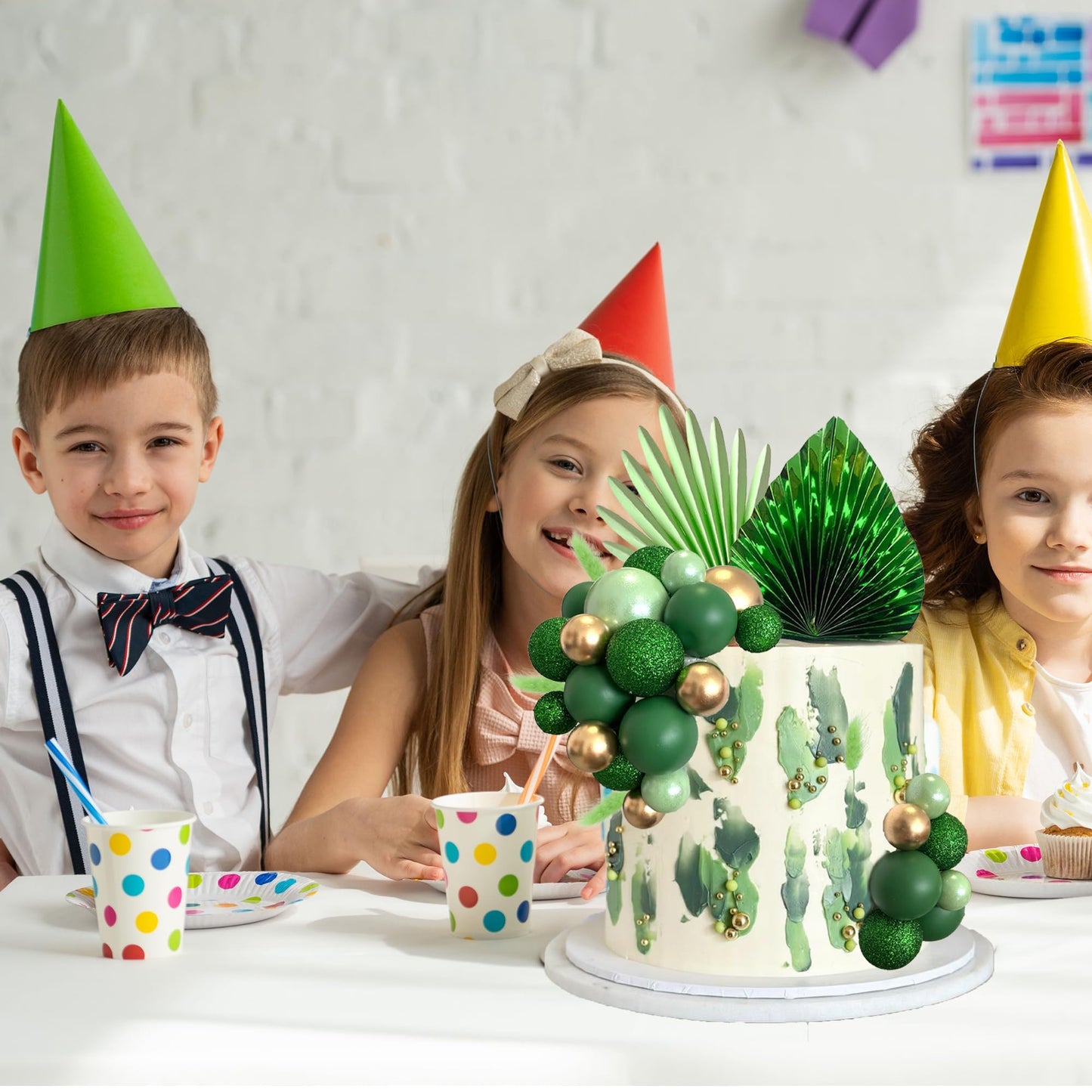 Balls Cake Toppers Palm Leaves Cake Decorations For Birthday Wedding Baby Shower Party Supplies (Green)