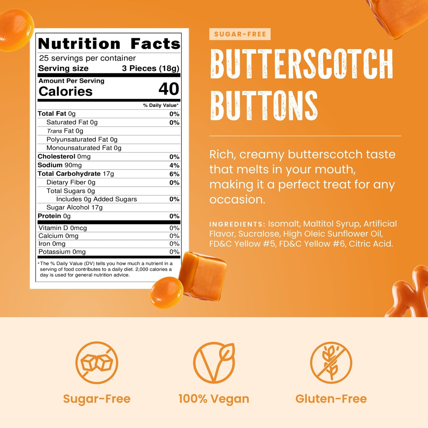 Sugar Free Butterscotch Hard Candy By Cambie,1 Lb Of Sugar Free Hard Candy, Individually Wrapped Butterscotch Candy, Deliciously