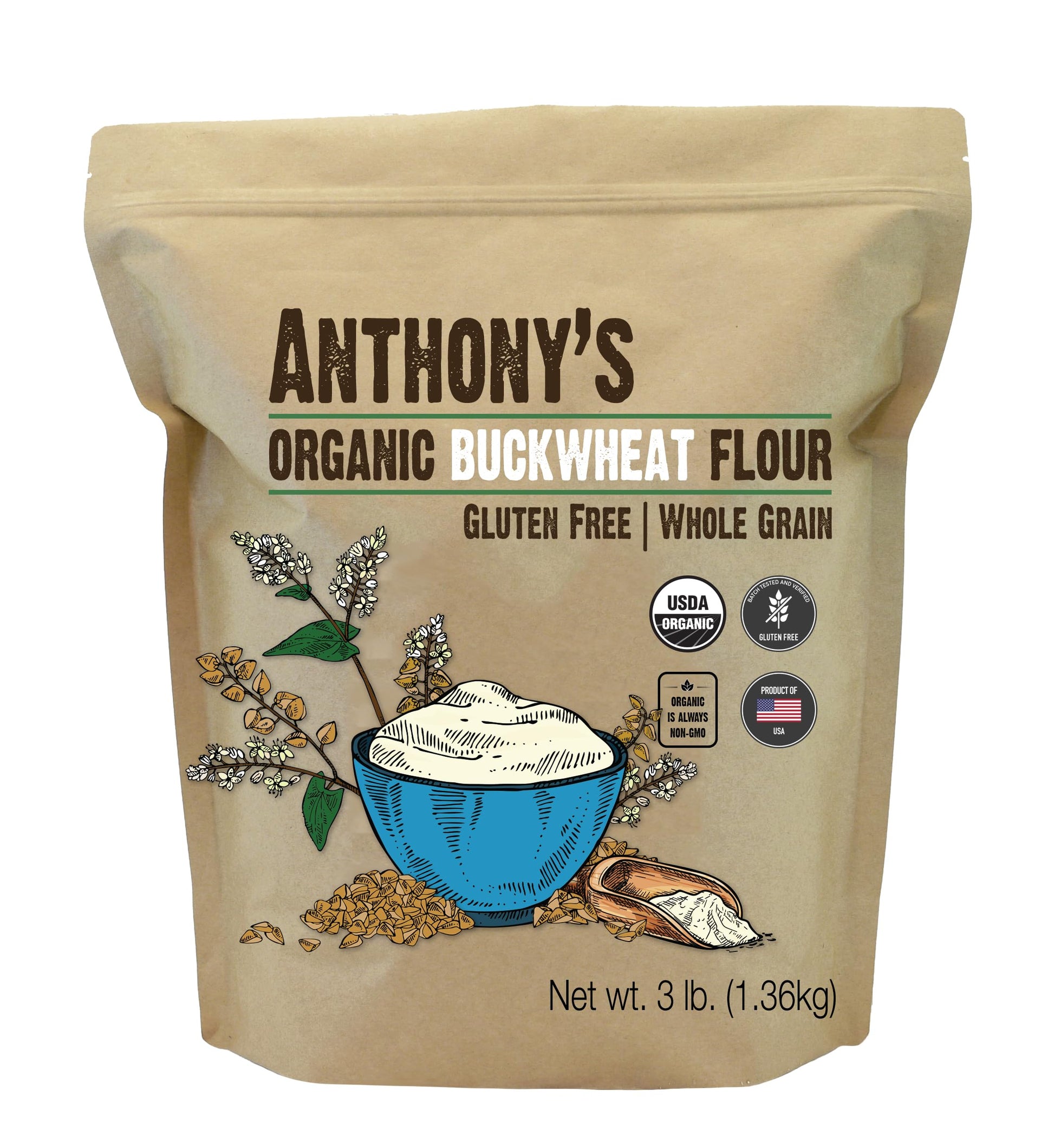 Anthonys Organic Buckwheat Flour, 3 lb, Grown in the USA, Gluten Free, Vegan