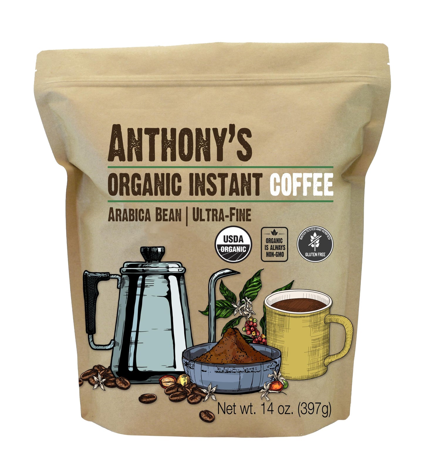 Anthonys Organic Instant Coffee 14oz  Ultra Fine Microground  Gluten Free  Arabica  Non GMO