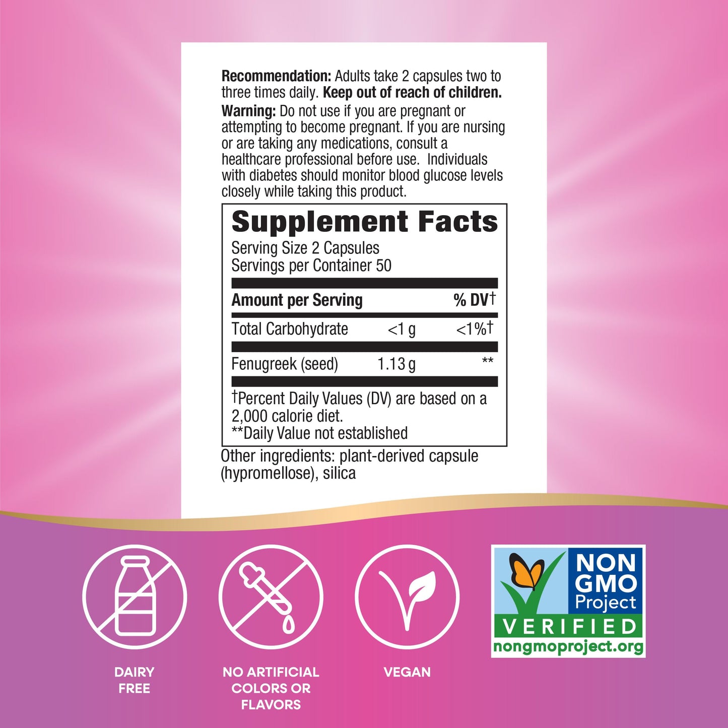 Natures Way Fenugreek Seed dietary product  Fenugreek for Traditional Breastfeeding Lactation Support*  Non-GMO Project Verified  Vegan  100 Capsules (Packaging May Vary)