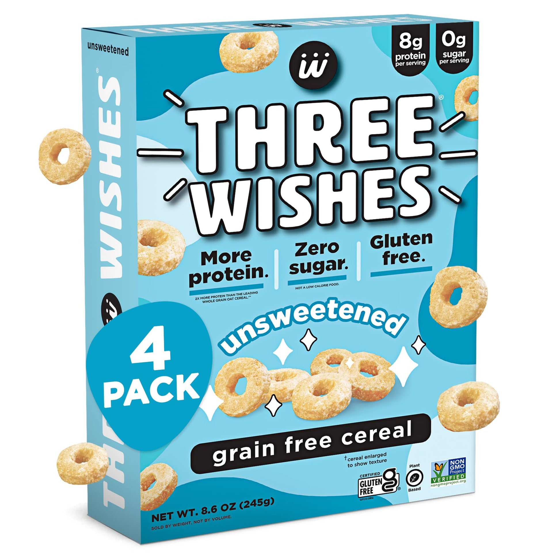 Plant-Based and Vegan Breakfast Cereal by Three Wishes - Unsweetened, 4 Pack - More Protein and Less Sugar Snack - Gluten-Free, 
