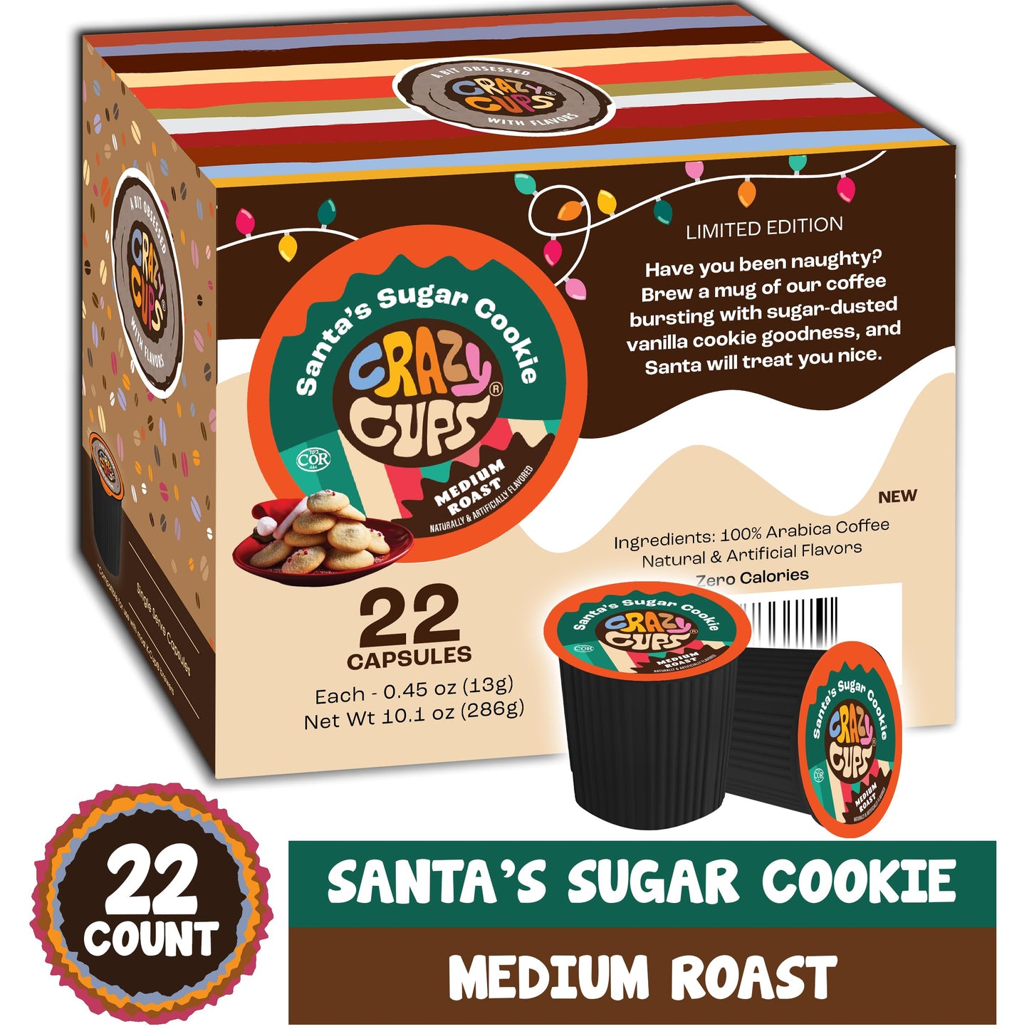 Crazy Cups Flavored Coffee Pods, Santas Sugar Cookie, Medium Roast, 22 Count, Compatible with Keurig K Cups