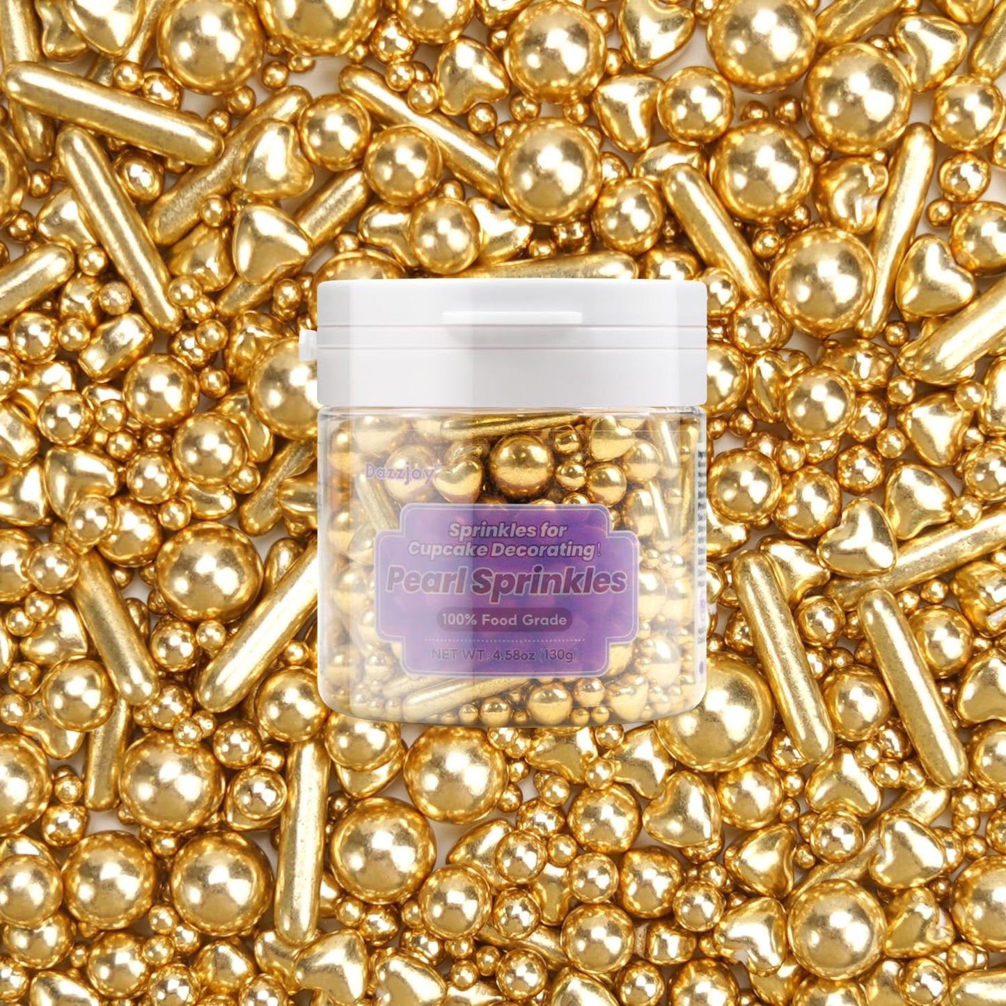Dazzjoy Edible Gold Pearl Heart Rods Sprinkles, 130G/4.58Oz, Mix Size, Gold Pearl Sprinkles For Cupcake Decorating, Cupcake Topp