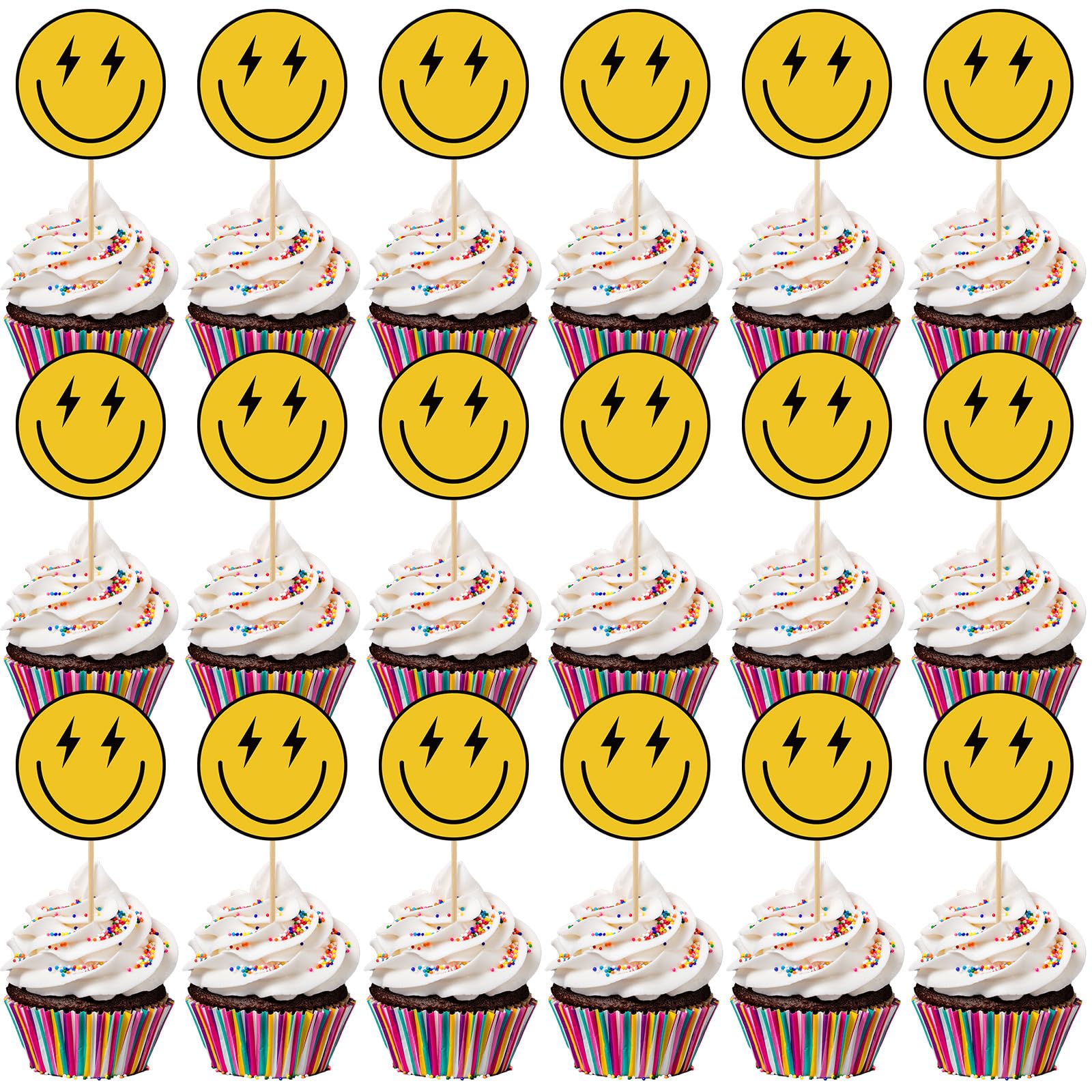 Seajan 48 Pcs One Happy Dude Birthday Cupcake Toppers Smile Face 1St Birthday Cake Topper Hippie First Birthday Decoration Mini
