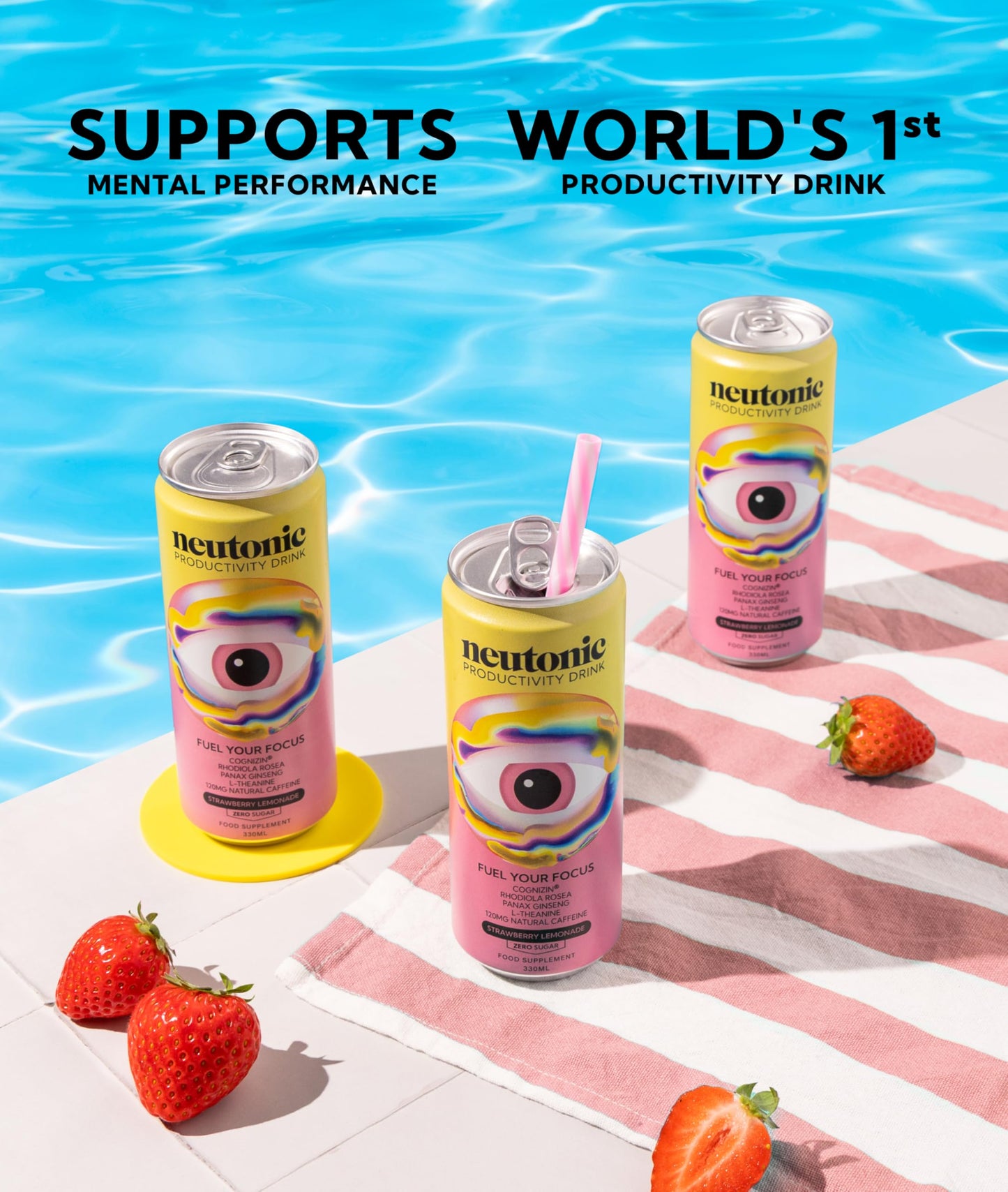 Neutonic Nootropic Energy Drink, Strawberry Lemonade, 120mg Caffeine, Zero Sugar, 12 Cans, 11.16 Fl Oz Each