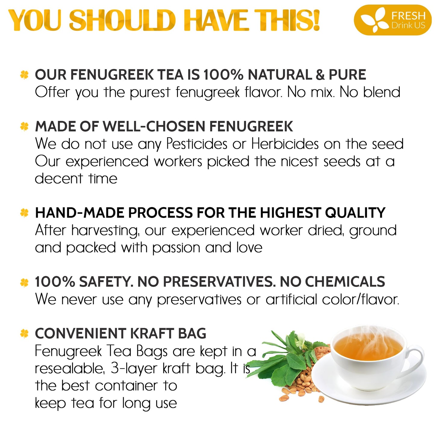 FRESHDRINKUS Fenugreek Herbal Tea - 100% Natural, Vegan, 55 Tea Bags