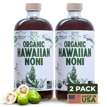 Healing Noni - 2-Pack Glass Bottle 32Oz - 100% Pure Hawaiian Organic Noni Juice - All-Natural Unsweetened Fresh Fruit - Farm Dir