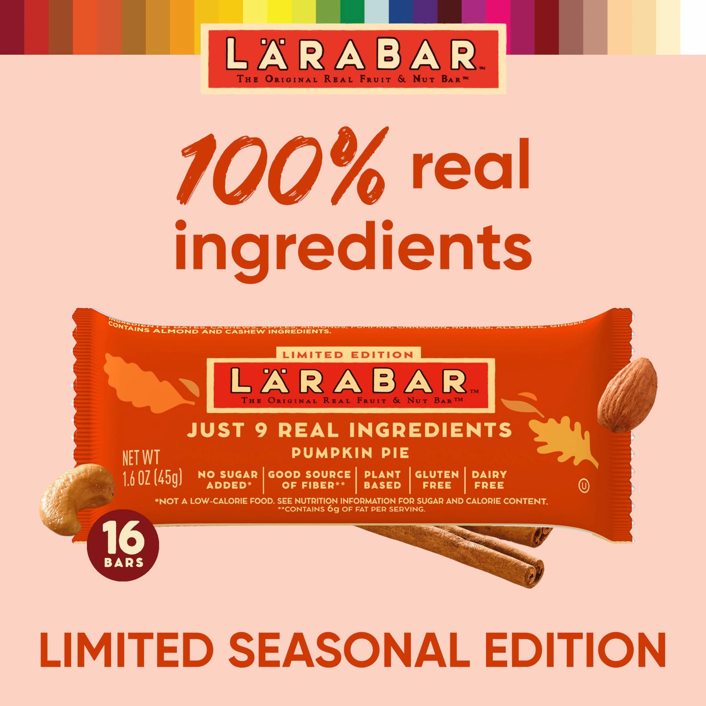LÄRABAR Pumpkin Pie Fruit & Nut Bars, Gluten Free Vegan, 16 Count, 25.6 oz, Light Brown with Creamy White Hue
