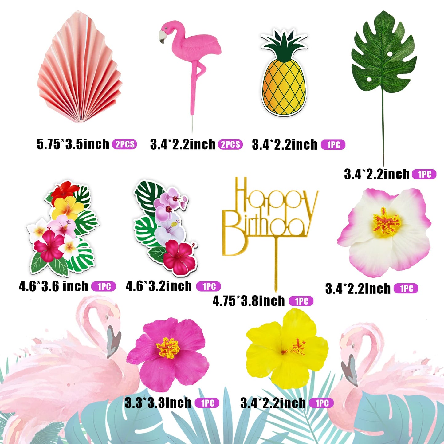 12 Pcs Flamingo Cake Toppers Flamingo Palm Leaves Hibiscus Flowers Hawaiian Cake Decorations For Tropical Luau Themed Birthday W