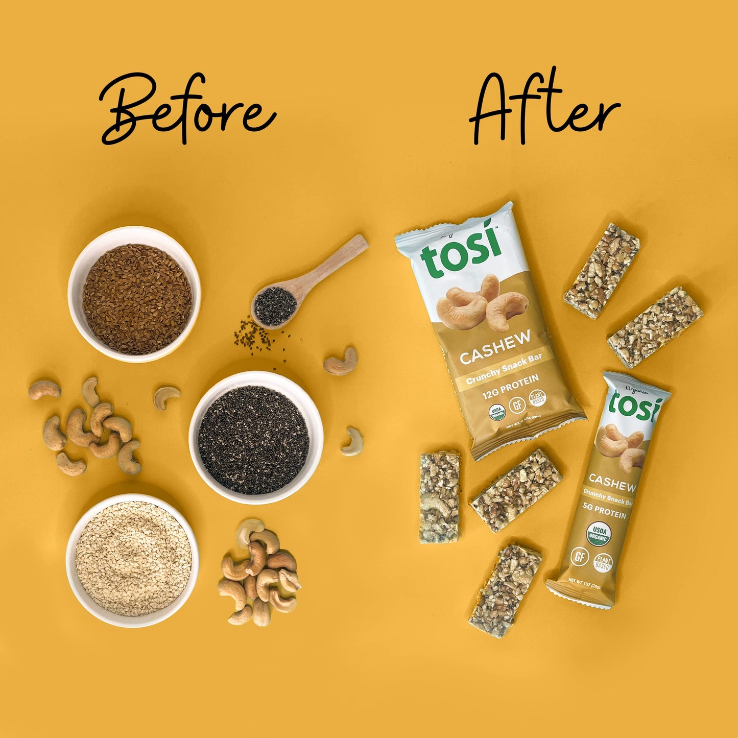 Tosi Cashew Protein Bars, Plant Based With Nuts, Gluten-Free Crunchy Snacks, Vegan, Organic, Flax & Chia Seeds, Soy-Free, Omega