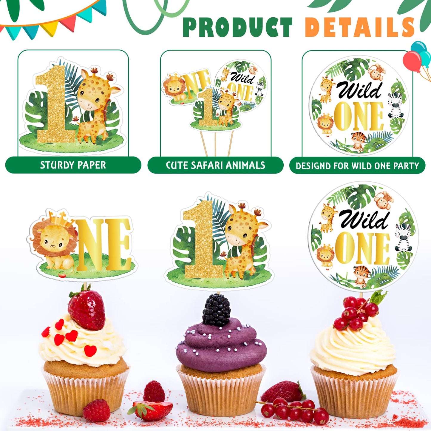 Weecent 48 Pcs Wild One Cupcake Toppers Baby 1St Birthday Decorations Jungle Safari Theme Cake Toppers For Baby Boy Girls Safari