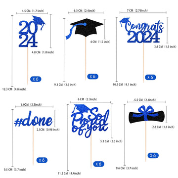 Gexolenu 36 Pcs Class Of 2024 Graduation Cupcake Toppers, Blue Glitter Double-Sided Grad Cap Cake Toppers For Graduation Party S
