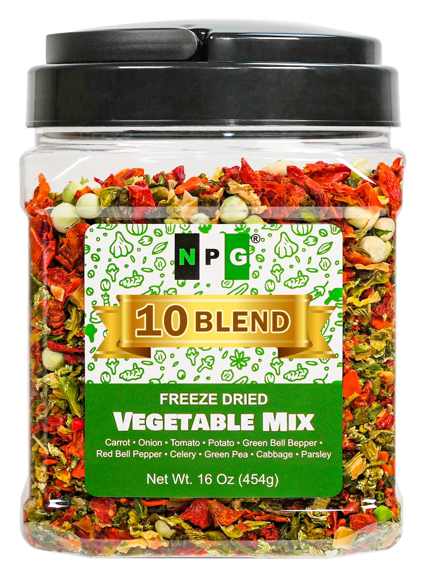NPG Freeze-Dried Vegetable Mix 16 Oz (1 LB), 10-Blend Dehydrated Vegetables Blend of Carrots, Onions, Tomatoes, Potatoes, Bell P