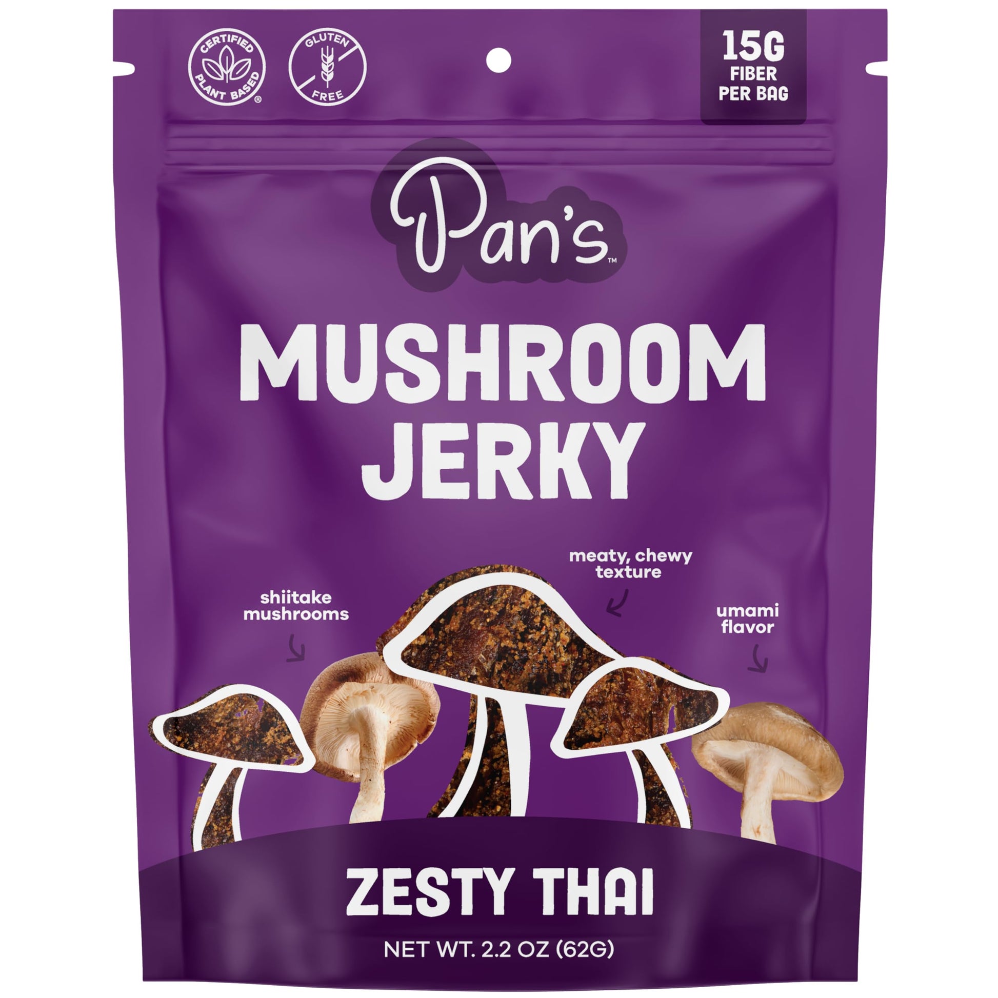 Pans Mushroom Jerky, Vegan Snacks, Shitake, Gluten Free, High Fiber, Zesty Thai, 2.2 Ounce, Pack of 1