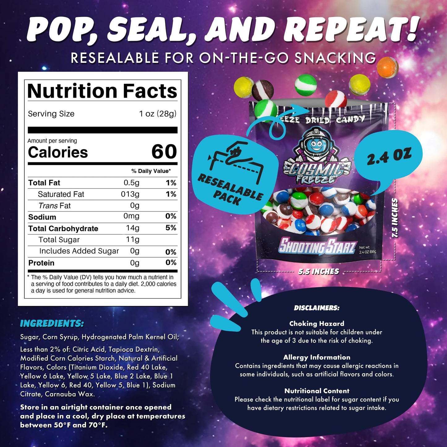 Freeze Dried Candy Shooting Starz, Crunchy Frozen Dry Space Candy Freeze Dried For Mix-In Snacks, Gluten-Free, Made In Usa, 2.4