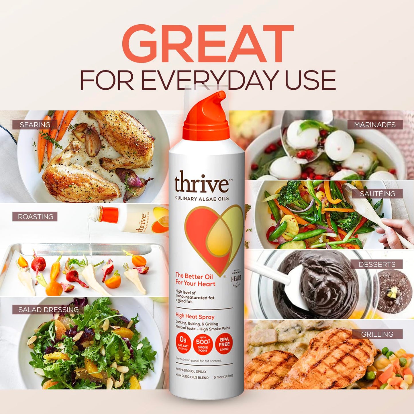 Thrive Cooking Spray - Everyday Algae Oil Culinary Blend, High Heat, 5 fl oz, Heart and Health-Conscious, Rich in Omega-9