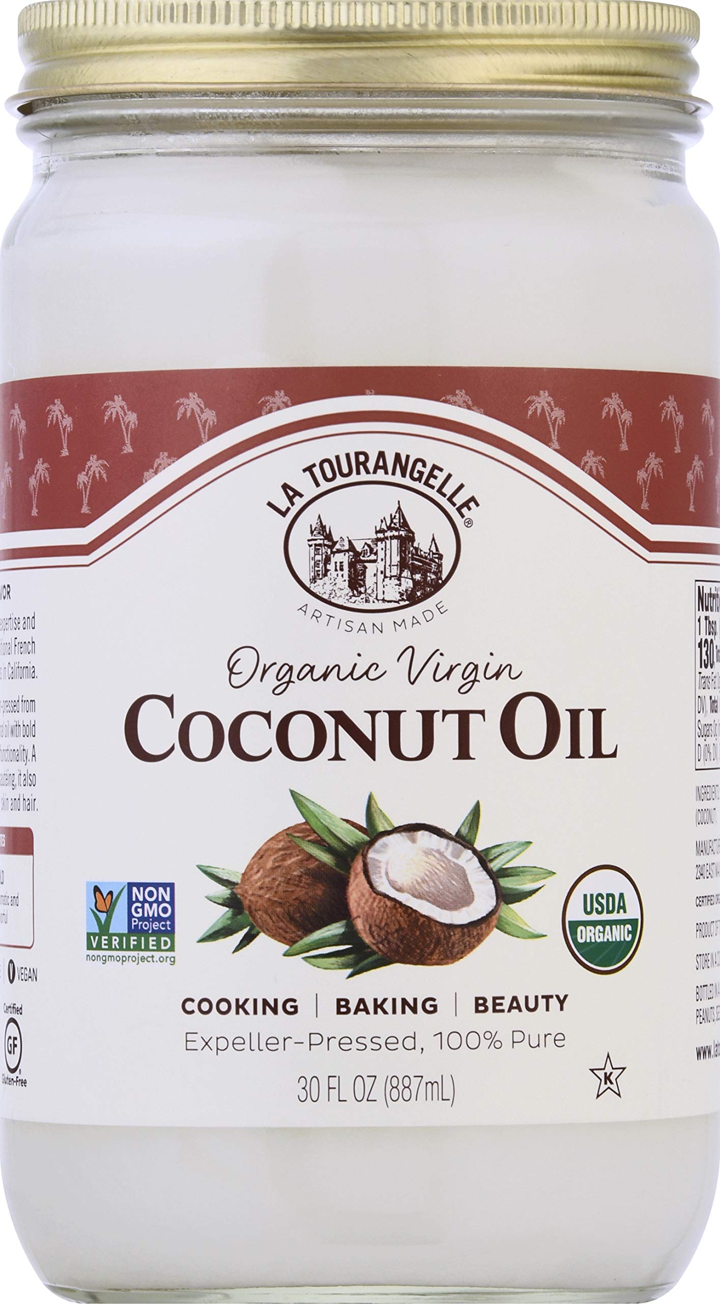 La Tourangelle, Organic Virgin Unrefined Coconut Oil, Great for Cooking, Baking, Hair, and Skin Care,Clear,30 Fl Oz (Pack of 1),