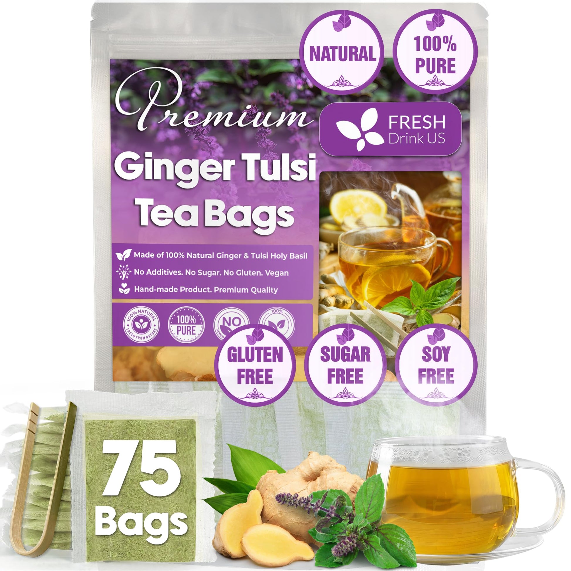 FRESHDRINKUS Ginger Tulsi Tea Bags, 100% Natural, Vegan, 75 Count