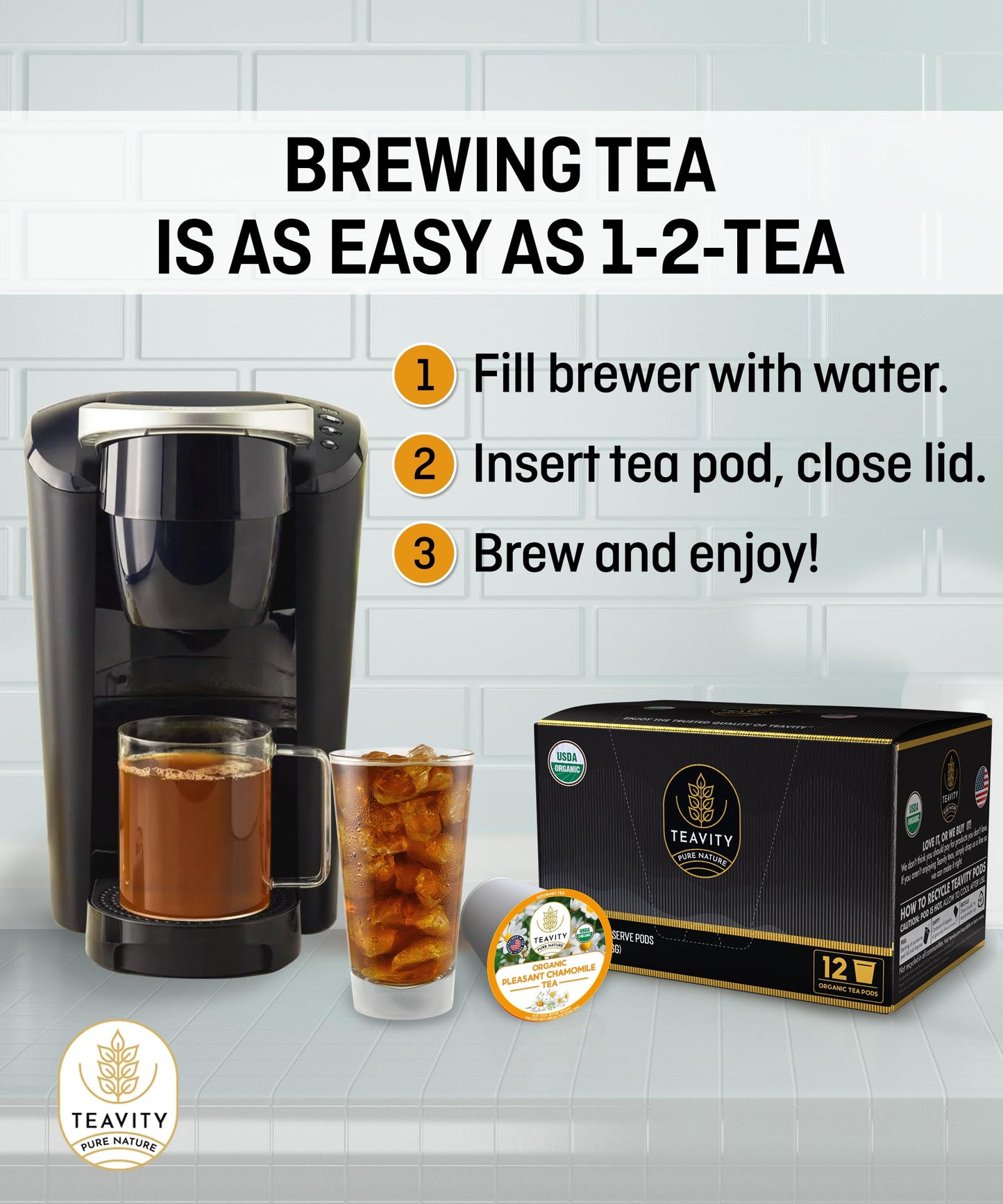 Teavity Organic Chamomile Tea Pods - Decaf, 24 Count, Compatible with Keurig
