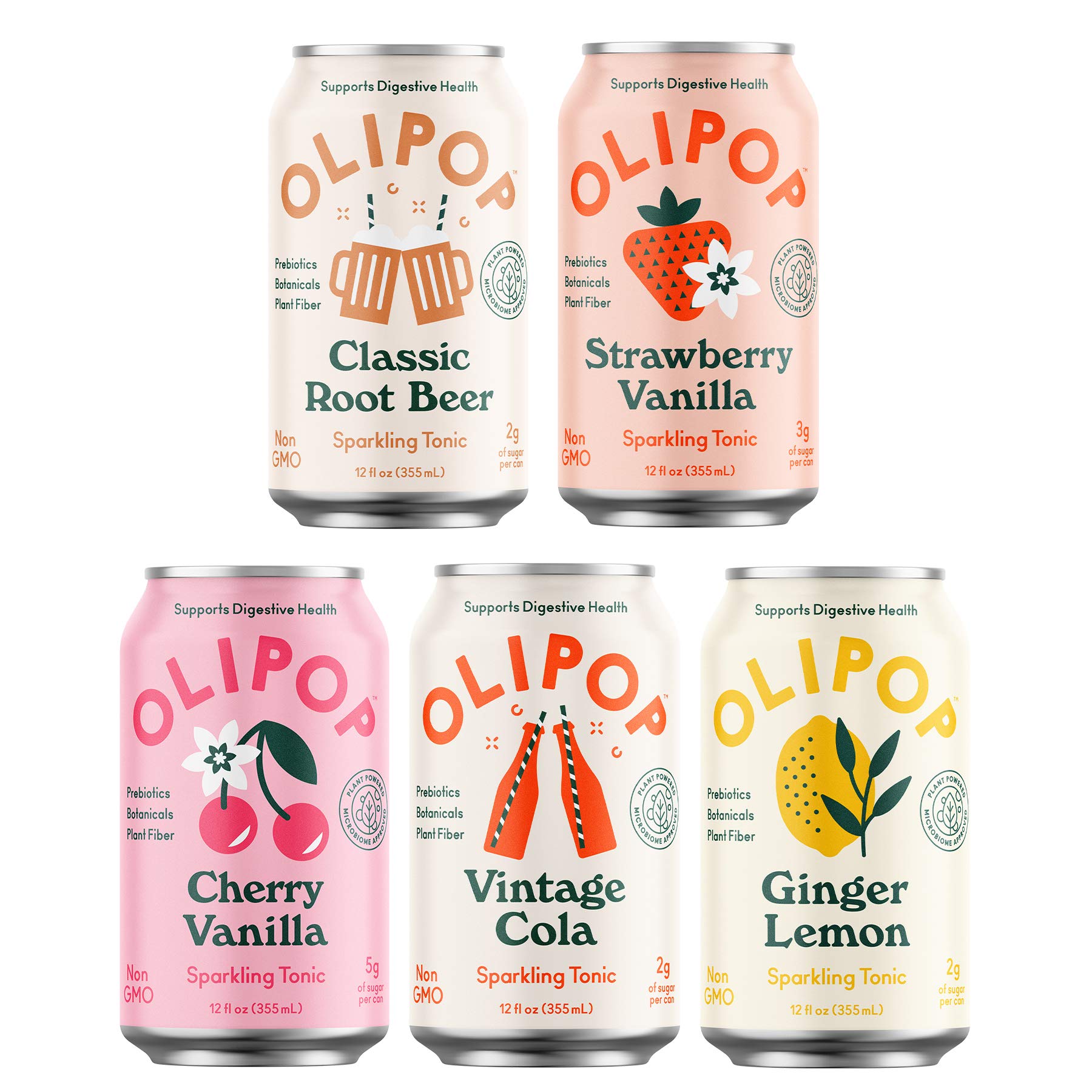 OLIPOP Soda Variety Pack - 5 Flavors, Prebiotic Soft Drinks, 12 oz (Pack of 5), Low Calorie, Vegan