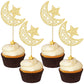Gyufise Cupcake Toppers, 24Pcs Gold Glitter Moon Star, Eid Mubarak Decorations, Paper Picks for Islamic Muslim Theme Party