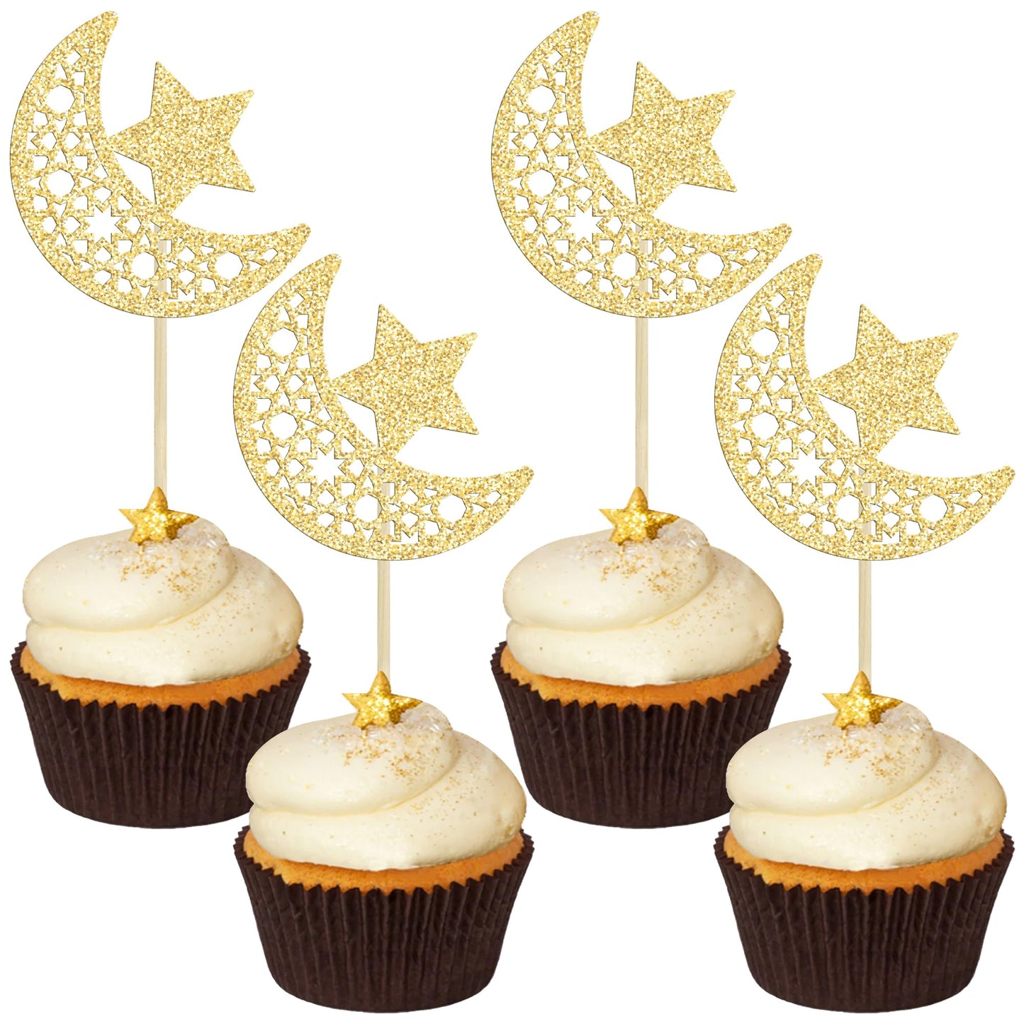 Gyufise Cupcake Toppers, 24Pcs Gold Glitter Moon Star, Eid Mubarak Decorations, Paper Picks for Islamic Muslim Theme Party