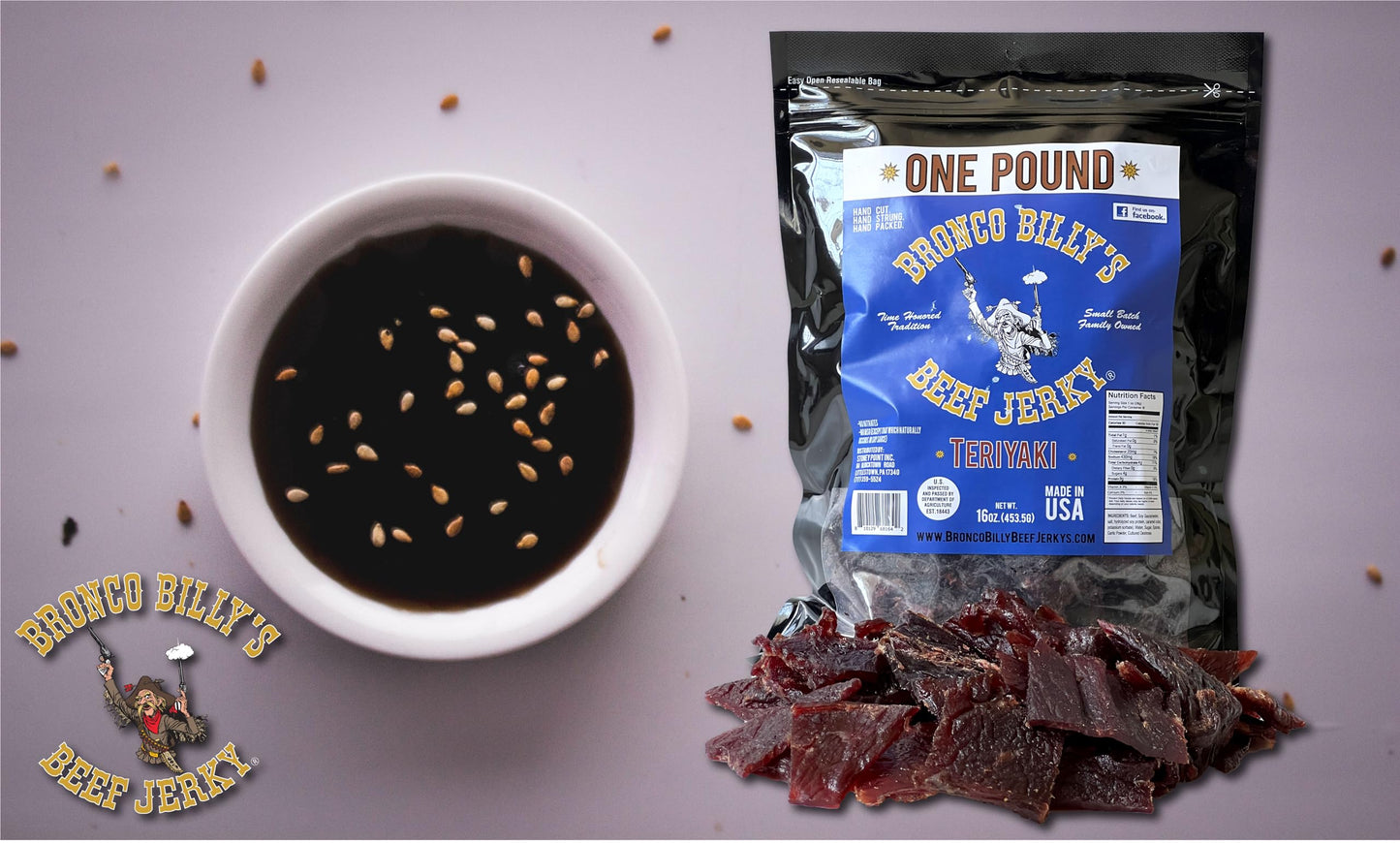 Bronco Billy'S Beef Jerky Teriyaki One Pound Resealable Bag, Made In Usa With Premium Usda Beef, Hand Cut, Hand Strung, Hand Pac