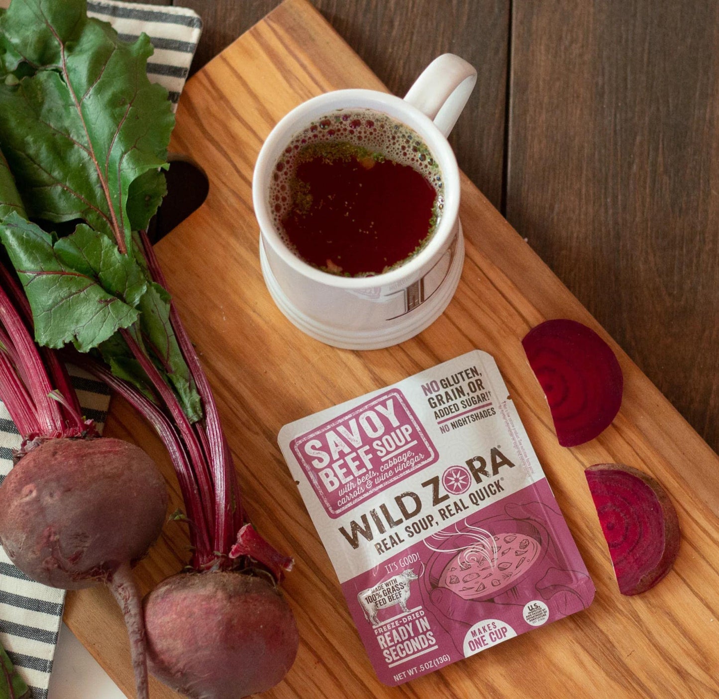 Wild Zora Instant Keto-Friendly Soups Savoy Beef 8-Pack Broth Made With 100% Grass-Fed Beef, And Vegetables, Gluten-Free, Low Ca