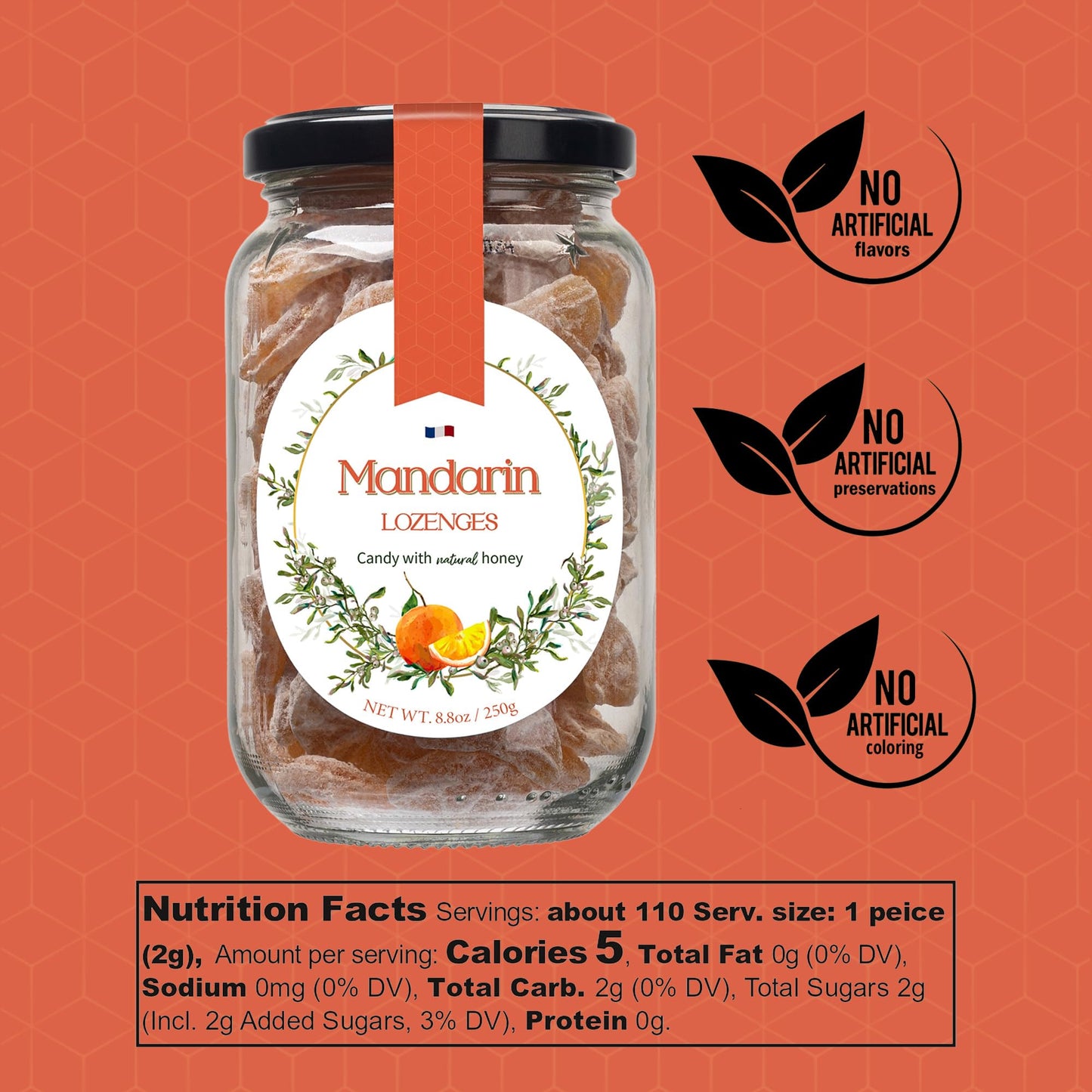 Gourmanity Mandarin Flavor Honey Lozenges 250Gr, Natural Lozenges Made With Honey & Mandarin Flavor, Gourmet Candy Honey Drops,