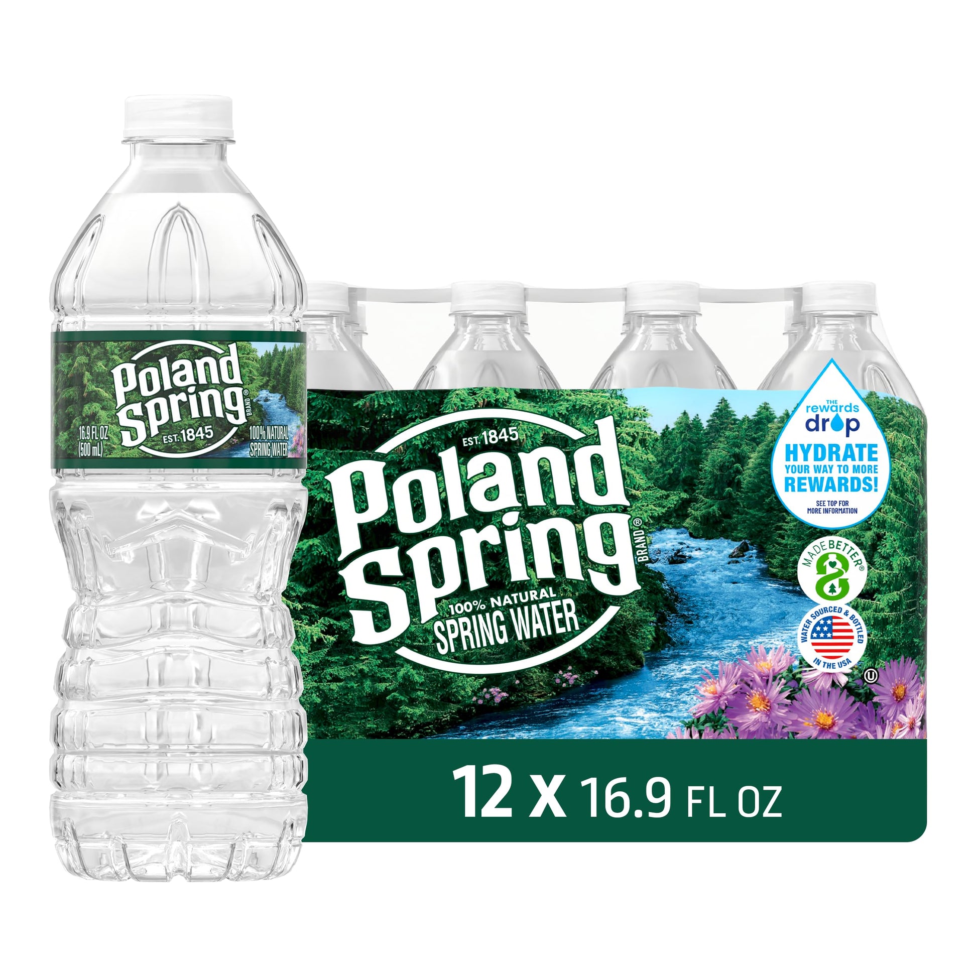 Poland Spring Maine Spring Water Bottles, 12 Pack - Crisp, Still Bottled Water with Naturally Balanced Occurring Minerals & Elec