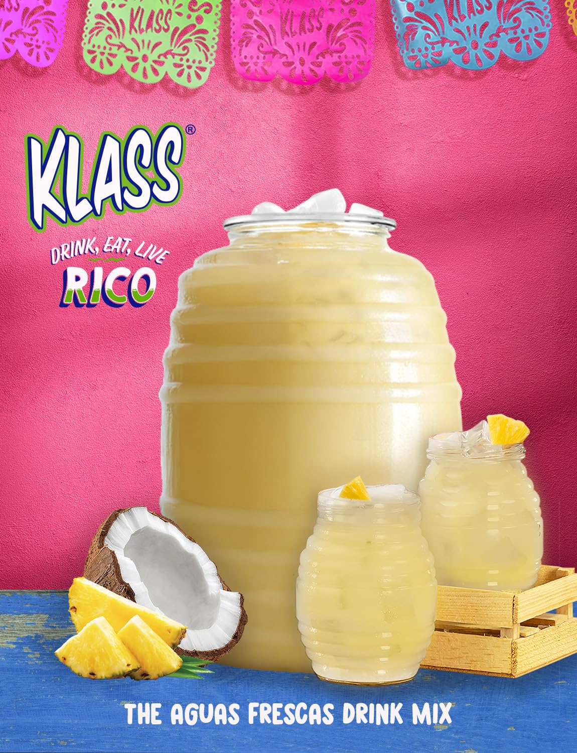 Klass Aguas Frescas |Pina Colada Drink Mix| Flavor From Natural Sources & No Artificial Flavor With Vitamin C (Makes 7 To 9 Quar