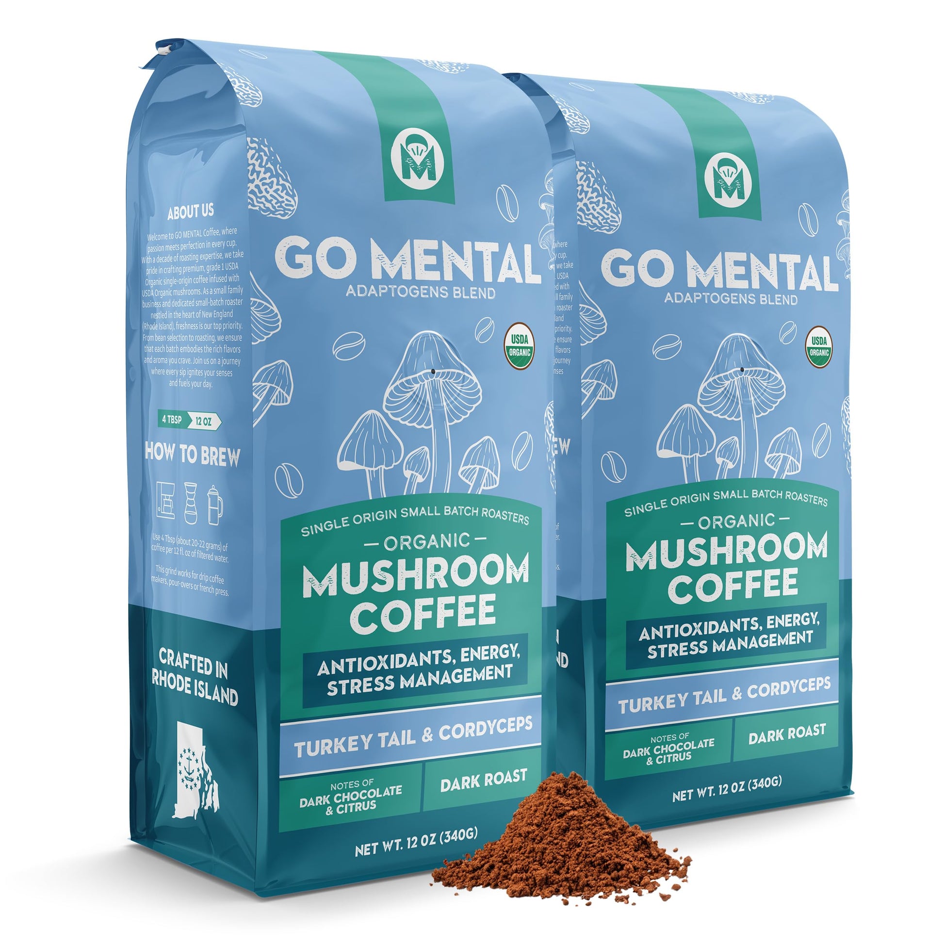 Organic Turkey Tail & Cordyceps Mushroom Coffee Dark Roast, Antioxidants, Immune System Support, overall wellness, Grade 1 Singl