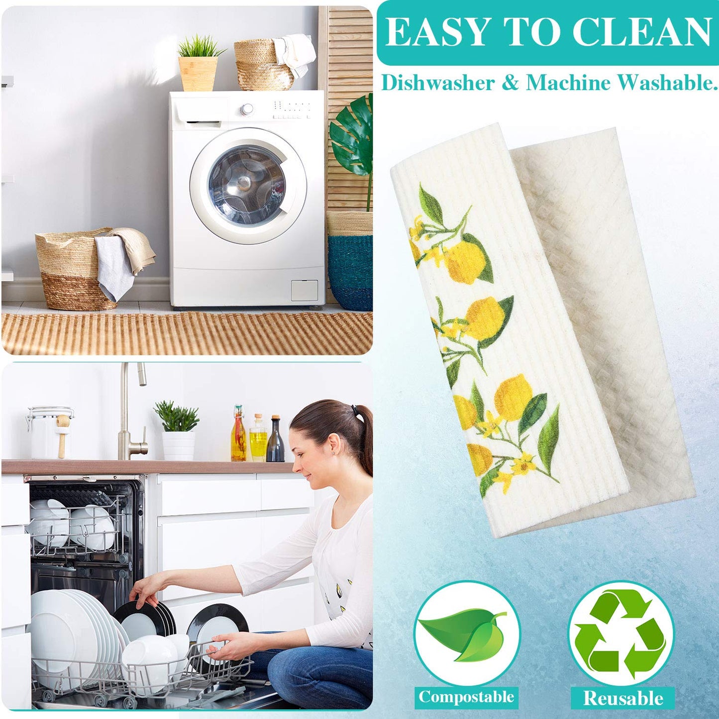 Boao Set Of 6 Lemon Swedish Kitchen Dishcloths Cleaning Cloths Absorbent Cloth No Odor Reusable Dish Towel For Kitchen, Hand, Counter Wipes