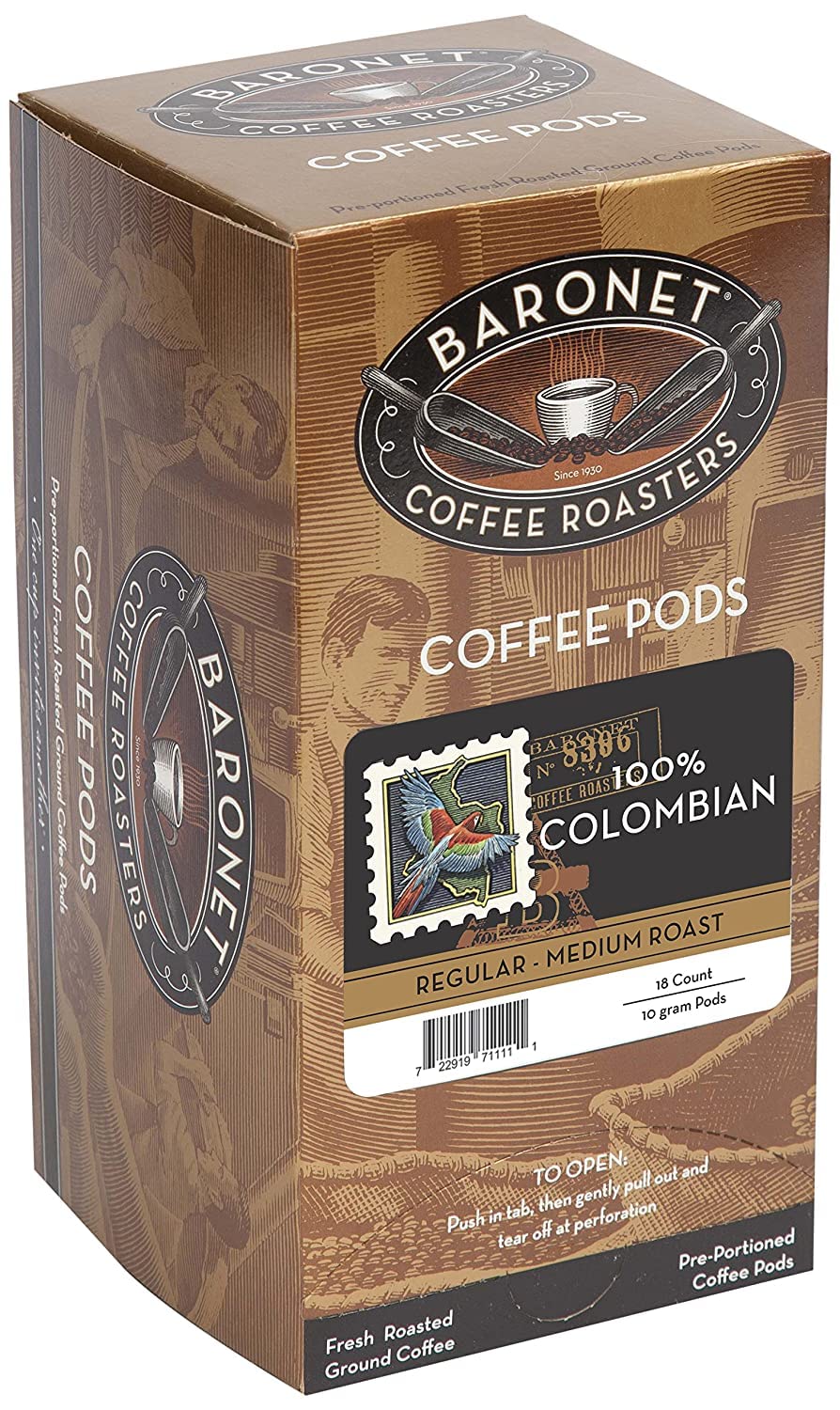 Baronet Coffee Colombian Coffee Pods - Medium Roast - 54 Count (3 Boxes of 18) - Individually Wrapped for Freshness