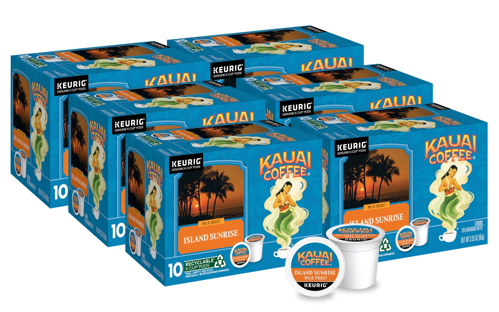 Kauai Coffee Island Sunrise Mild Roast K-Cup Pods, 10 Count, Pack of 6