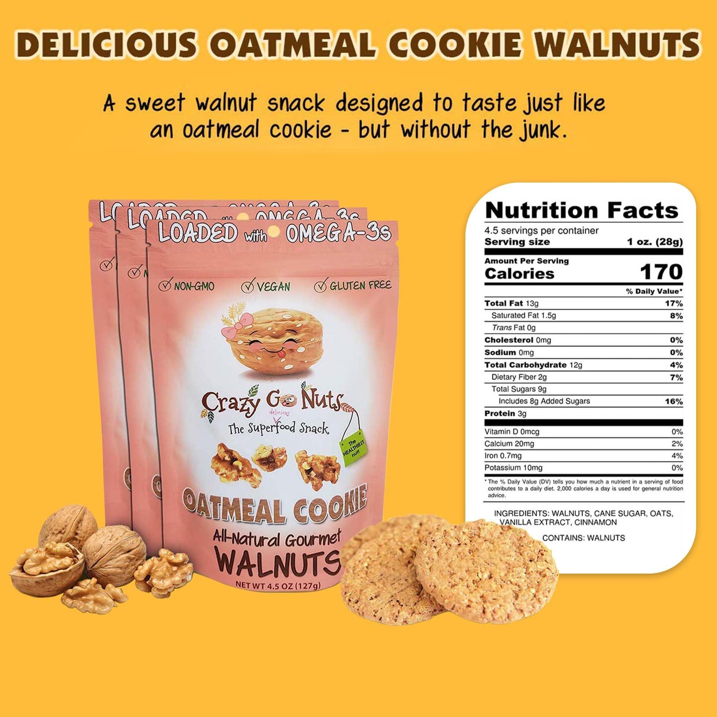 Crazy Go Nuts Sampler Pack - Candied & Salted Walnuts for Snacking, Flavored Snack Packs w/Omega 3 ALA & Vegan Protein - Maple,