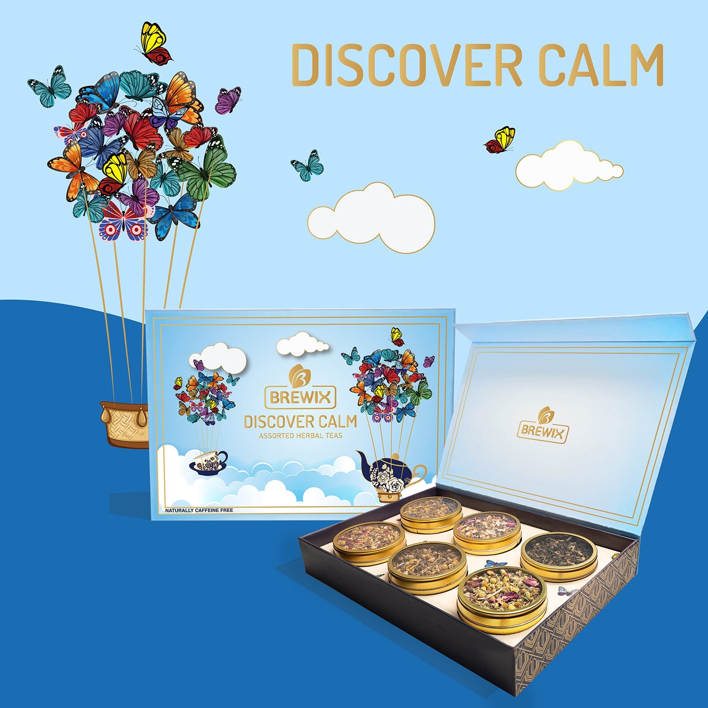 Brewix, Discover Calm Premium Herbal Tea Christmas Gift Box (3.53Oz/50+ Cups) | Tea Gift Sets For Tea Lover | 6 Unique Herbal Te
