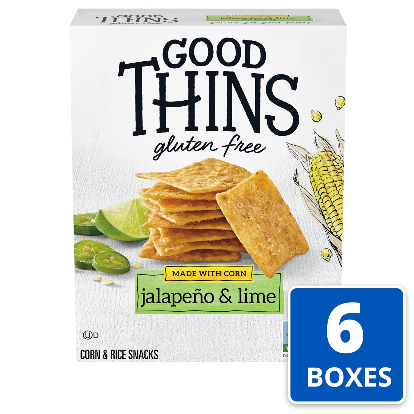 Good Thins Jalapeo & Lime Corn & Rice Snacks Gluten Free Crackers, 6 - 3.5 Oz Boxes