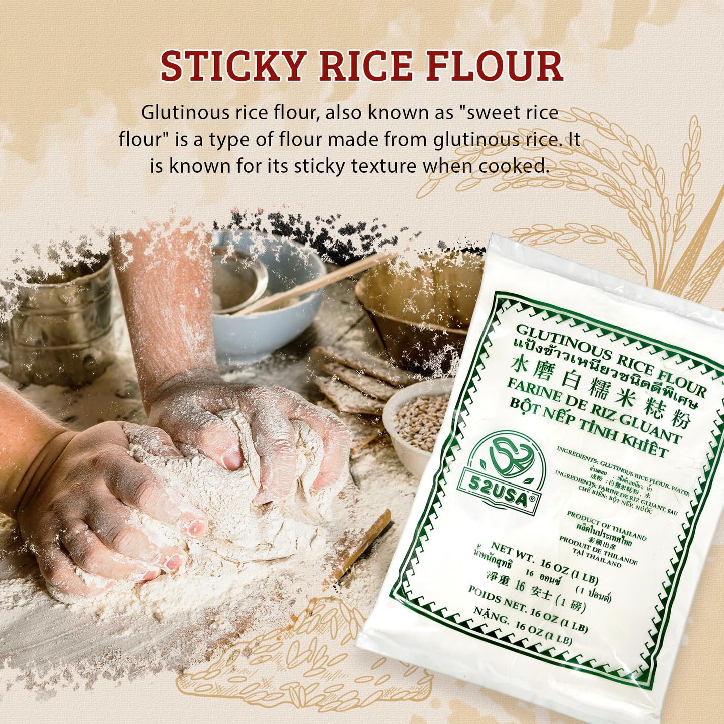 52Usa Glutinous Rice Flour 32 Ounce (Basic), 2 Pound (Pack Of 2), Rice Flour For Baking Or Cooking, Product Of Thailand, All Nat