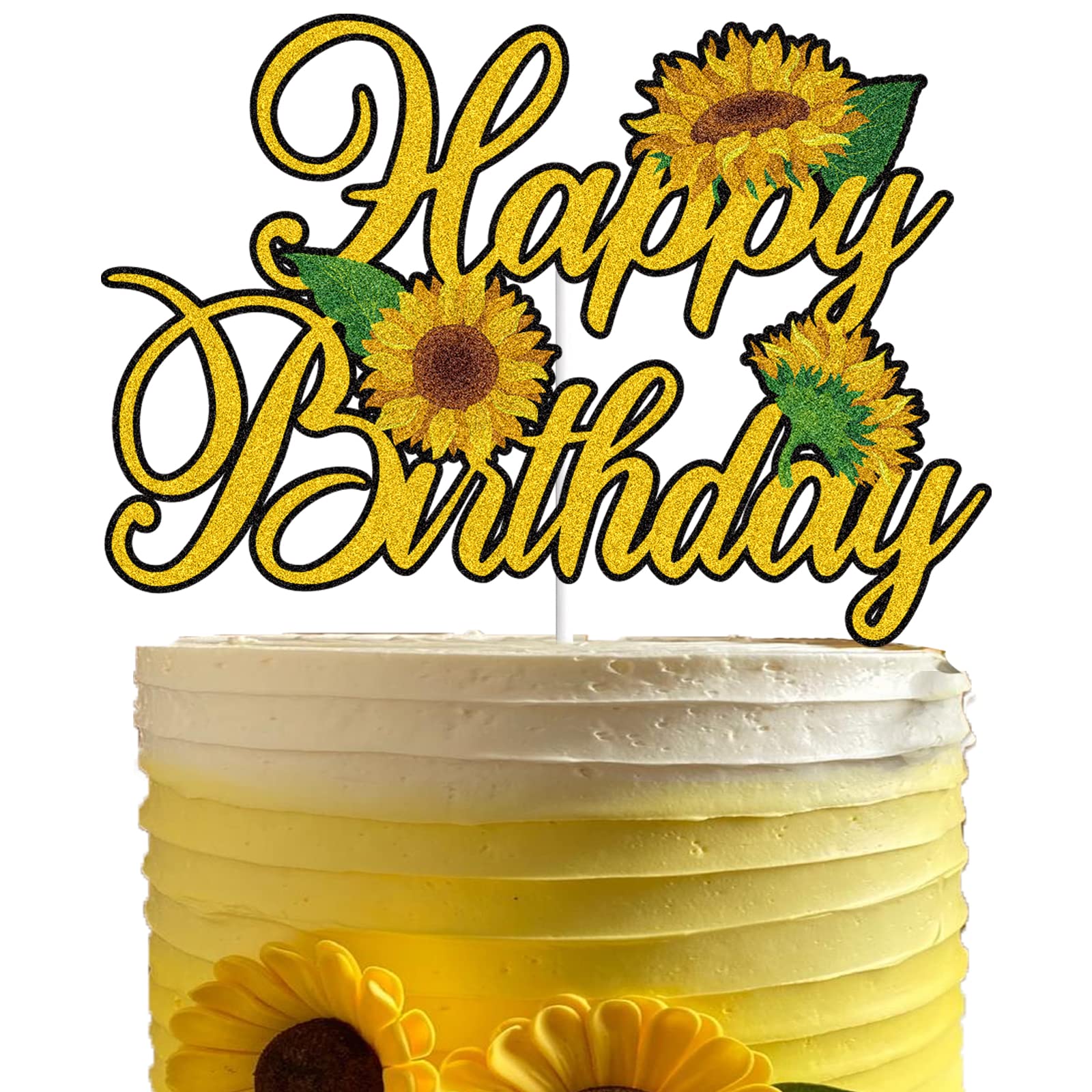 Sunflower Happy Birthday Cake Topper Gold Glitter Summer Theme Kids Boy Girl Birthday Party Supplies Decor