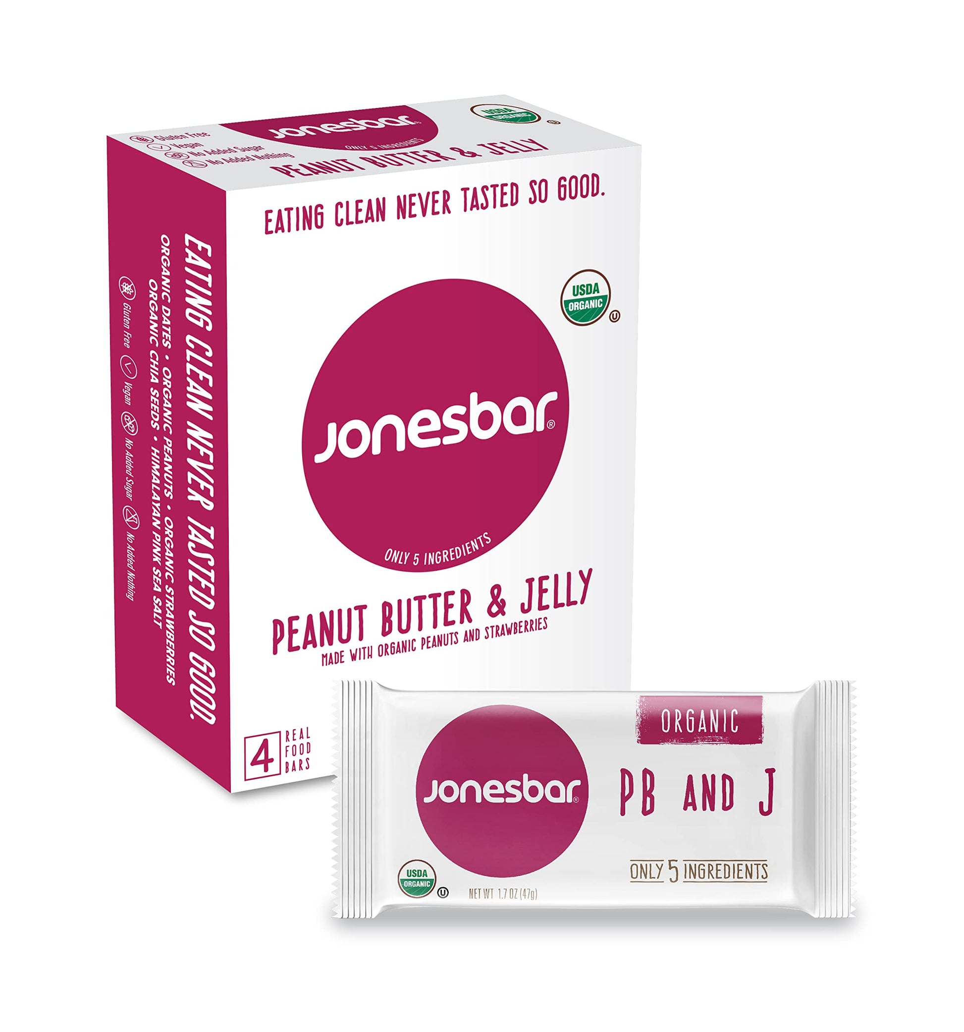 Jonesbar (Peanut Butter & Jelly, 4 Count (Pack Of 1)), Usda Organic Fruit & Nut Bar, Non-Gmo, Kosher, Vegan, Gluten Free, Simple