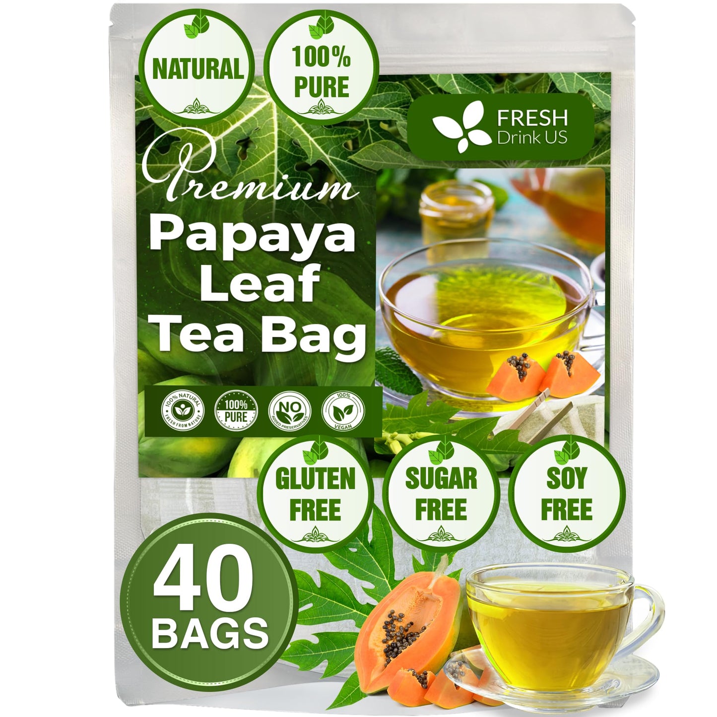 FRESHDRINKUS Papaya Leaf Tea Bags, 100% Natural & Pure, Vegan, 40 Tea Bags