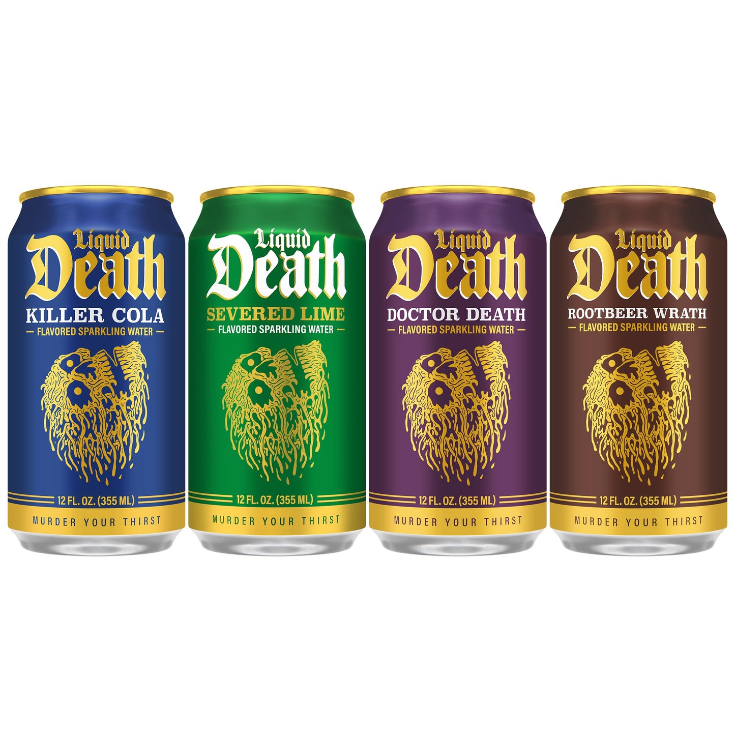 Liquid Death Sparkling Water Variety Pack - 12oz Cans, Low Sugar, 4 Flavors: Lime, Cola, Rootmalt-inspired, Doctor Death, Pack of 12