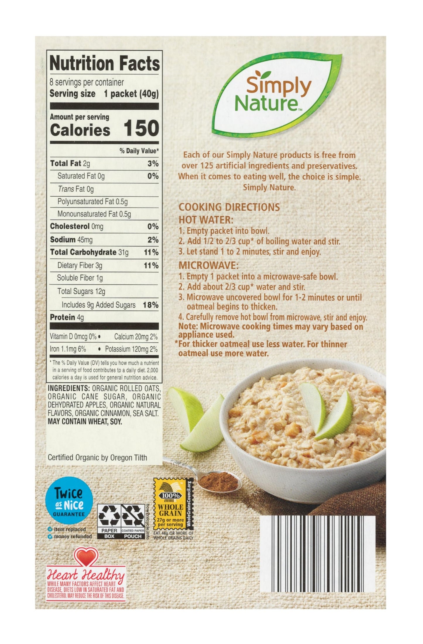 Simply Nature Organic Instant Oatmeal Packets (2 Boxes, Apple Cinnamon)